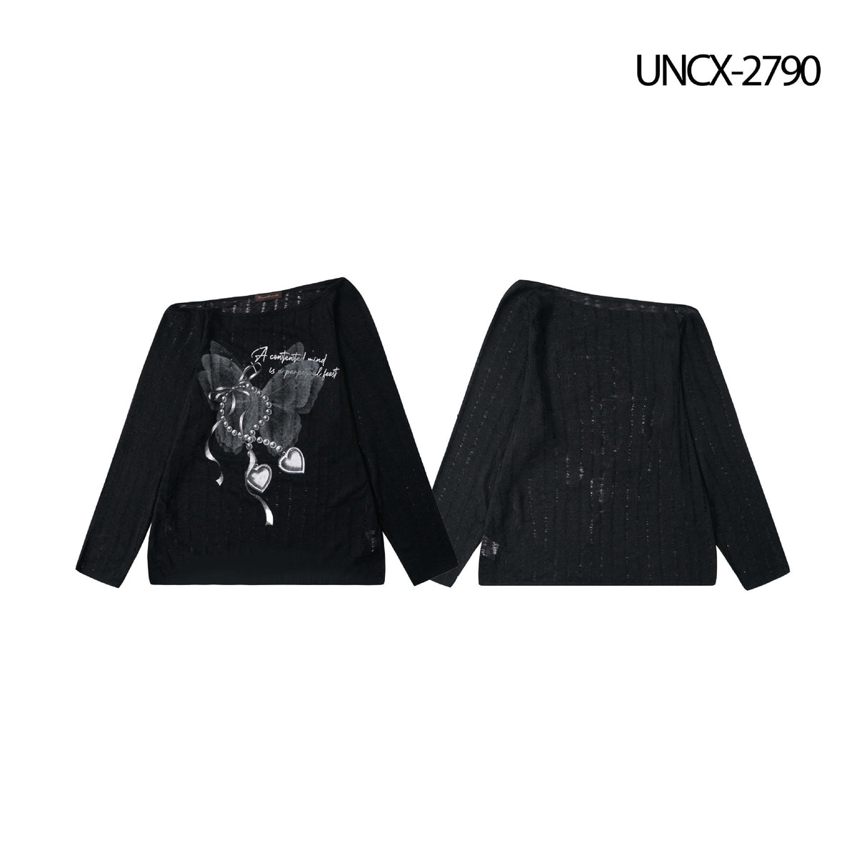 Heart Print Long Sleeve Asymmetric Neckline T-Shirt